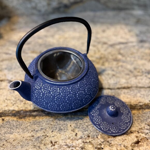 Blue Cast Iron Teapot Floral Pattern Japanese Style - Picture 2 of 5